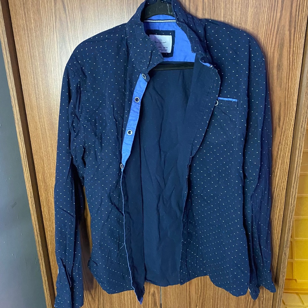 Craft+Flow Button Down Shirt Mens Large Navy Blue Heart Print Long Sleeve